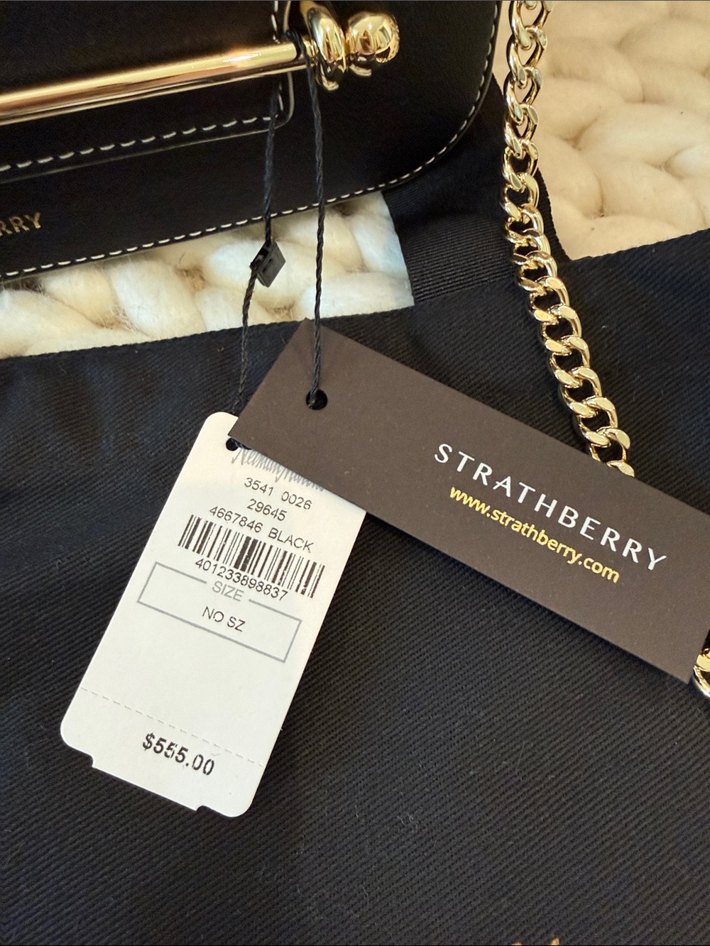Strathberry Black Leather Crossbody with Gold Bar and Chain - Picture 2 of 5